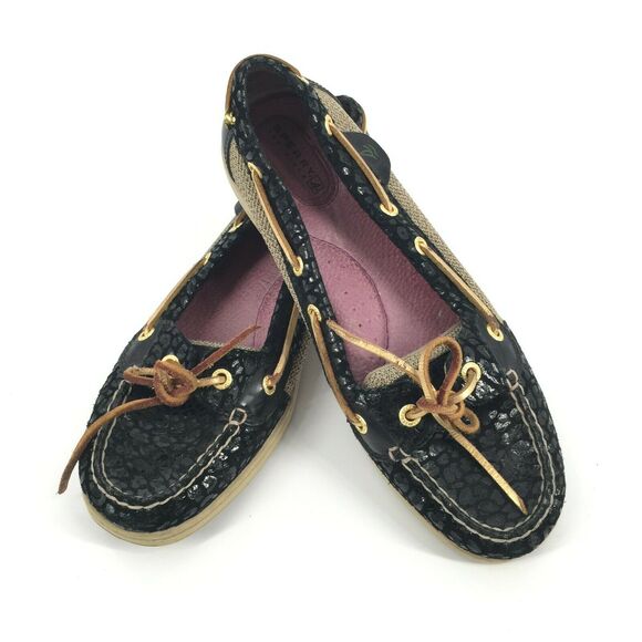 Sperry Top Sider Angelfish Boat Shoes Size 8.5 Black Cheetah Print Gold Loafers - Picture 1 of 8
